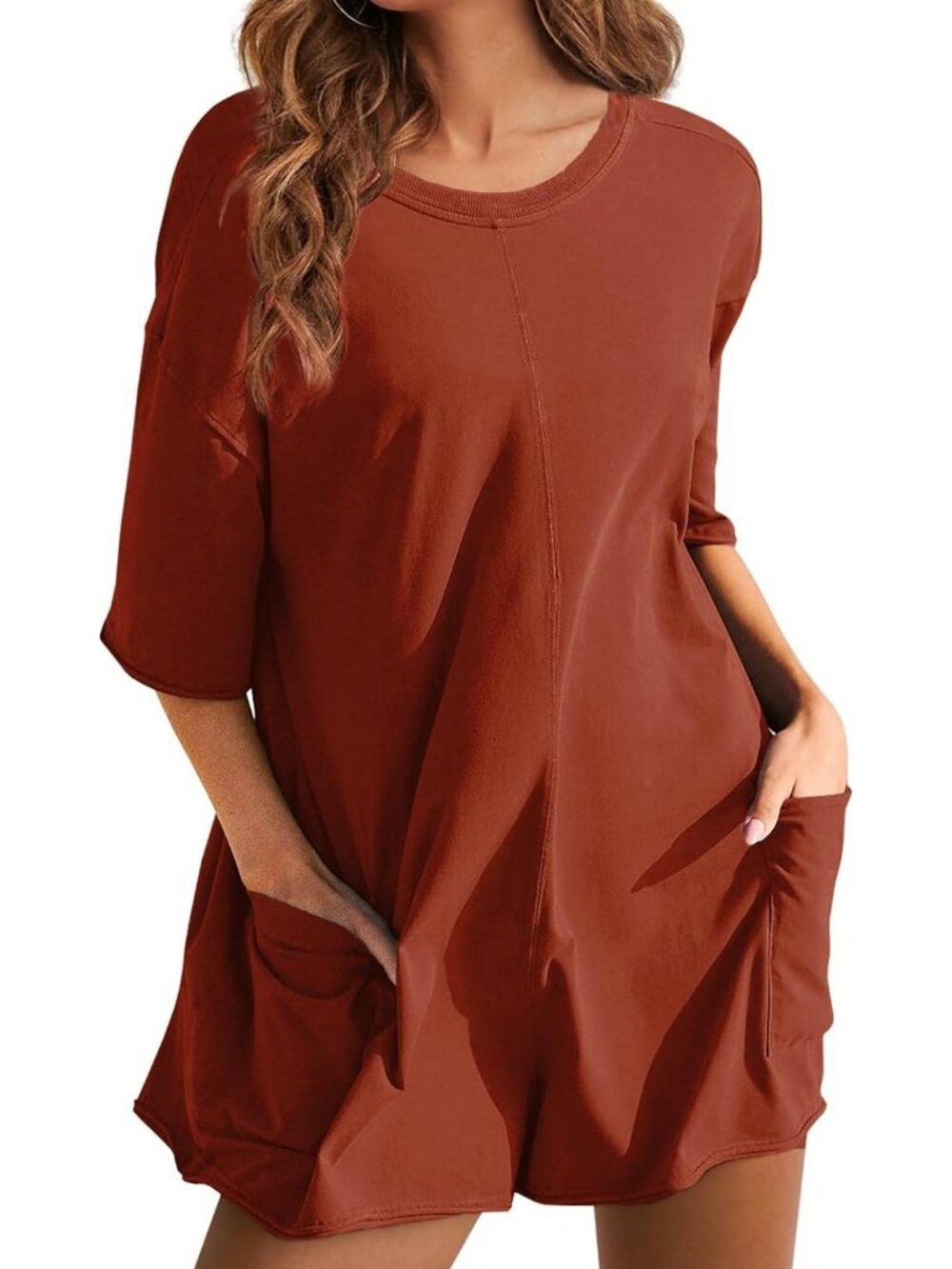 Women's Rust Casual Oversized Athletic Overall Workout Hot Shot Tee Romper